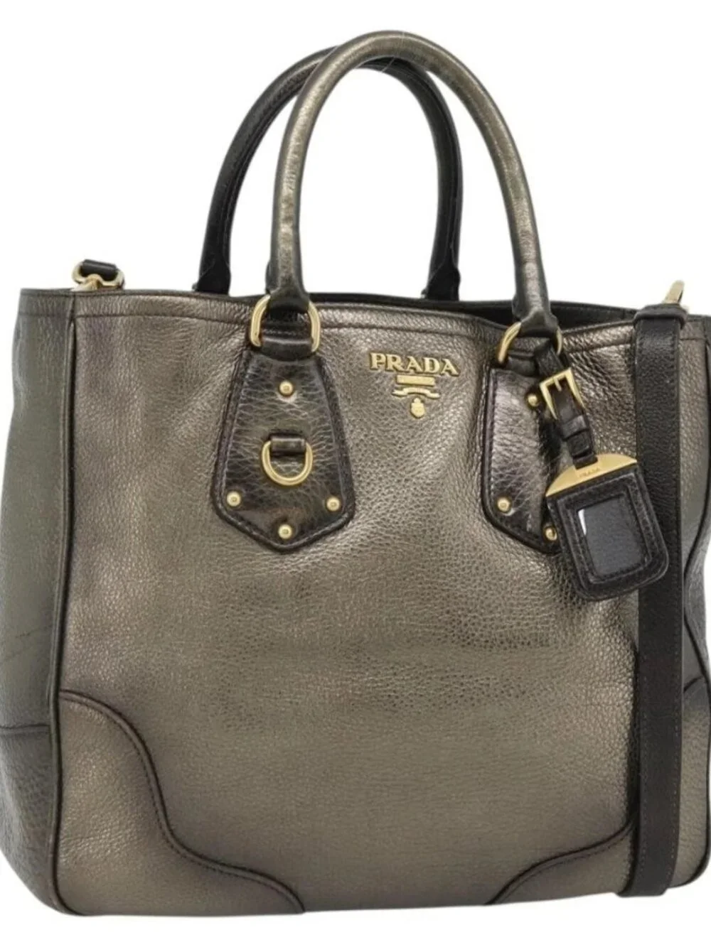 PRADA Tote Bag Leather 2way Gold Auth